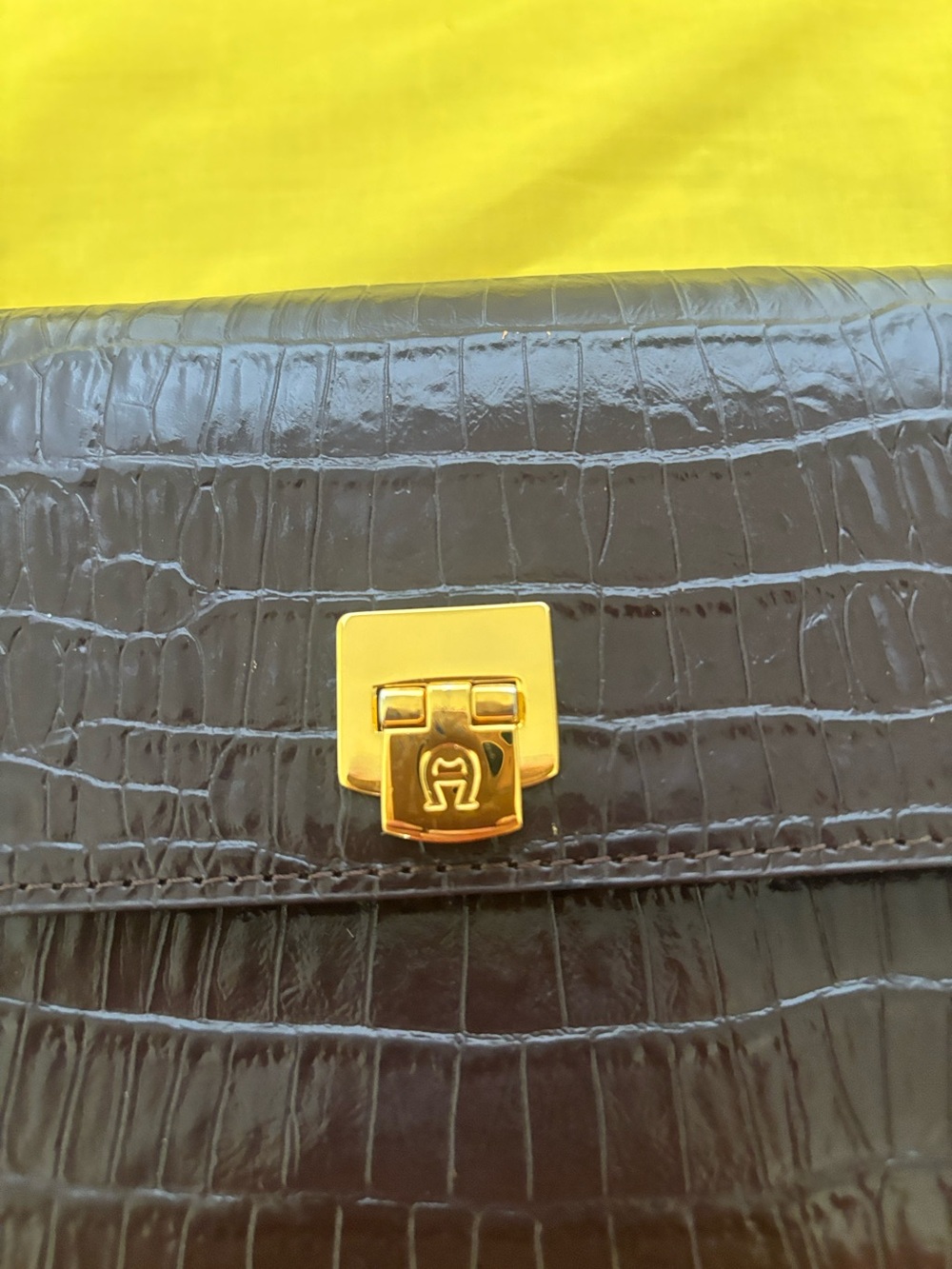 Structured Croc-Embossed Leather Clutch with Gold Hardware. Etienne Aigner